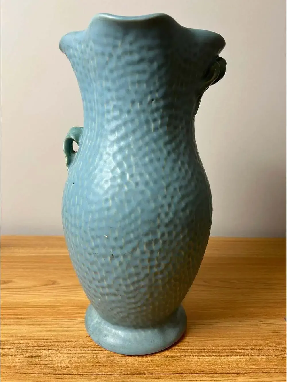 Weller Delsa Art Pottery Blue Dimpled Yellow Flower 13